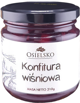 Szklany słoik konfitury wiśniowej Osielsko, 210g, z czerwoną zawartością, czarną nakrętką i białą etykietą.