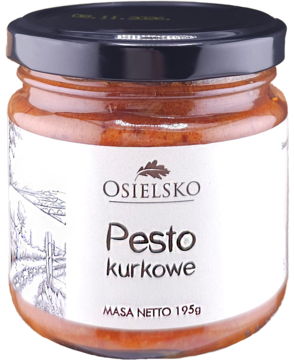 Pesto kurkowe Osielsko w szklanym słoiku 195g, z czarną zakrętką, widoczne pomarańczowo-brązowe pesto.