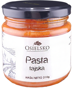 Słoik z Pasta tajska Osielsko 210g, pomarańczowa pasta korzenno-ziołowa w szklanym słoju, czarna zakrętka, widok z przodu.