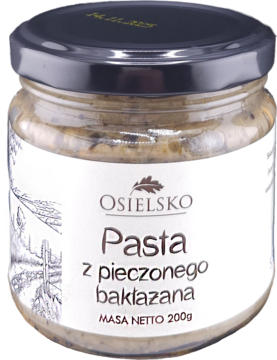 Słoik pasty z pieczonego bakłażana Osielsko 200g, z białą etykietą i czarną nakrętką, widok z przodu.