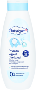Babydream Płyn do kąpieli dla dzieci w białej butelce z niebieską nakrętką, z logo i grafiką słoni, widok z przodu.