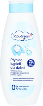 Babydream Płyn do kąpieli dla dzieci w białej butelce z niebieską nakrętką, z logo i grafiką słoni, widok z przodu.