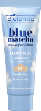 Bielenda Blue Matcha nawilżający podkład w musie, odcień 01 Vanilla Sky, jasnoniebieska tubka z chmurami, widok z przodu.