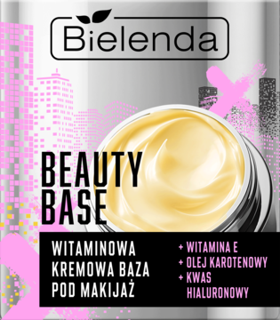 Bielenda Beauty Base witaminowa baza pod makijaż, kremowa, z wit. E i kwasem hialuronowym. Słoiczek, widok z przodu.