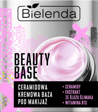 Bielenda Beauty Base baza pod makijaż z ceramidami i śluzem ślimaka, różowy krem w srebrnym słoiczku, widok z przodu.