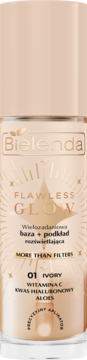 Bielenda Flawless Glow 01 Ivory, rozświetlający podkład i baza z wit. C, kwasem hialuronowym, beżowa butelka, przód.