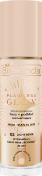 Bielenda Flawless Glow 02 Light Beige, wielozadaniowa baza + podkład rozświetlający, beżowa butelka.