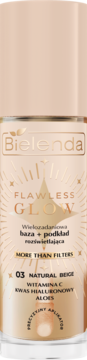 Bielenda Flawless Glow baza + podkład rozświetlający 03 Natural Beige w beżowej butelce, z wit. C, kwasem hialuronowym.