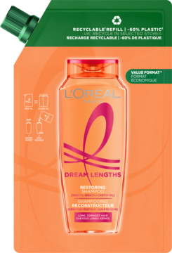 L'Oréal Dream Lengths szampon odbudowujący w pomarańczowej butelce, widok z przodu, opakowanie uzupełniające -60% plastiku.