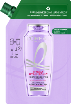 L'Oréal Hydra Hyaluronic szampon nawilżający w fioletowej saszetce refill. -60% plastiku, dla włosów odwodnionych.