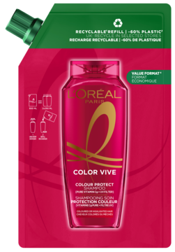 L'Oréal Color Vive szampon ochronny w różowym opakowaniu uzupełniającym 60% mniej plastiku, z butelką.