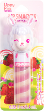 Lippy Pals Gloss Lip Smacker, truskawkowy błyszczyk z lamą, w przezroczystym opakowaniu ze słodyczami.