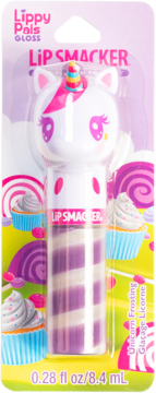 Błyszczyk Lip Smacker Lippy Pals Unicorn Frosting w opakowaniu, z białą nakładką jednorożca i fioletowo-białymi paskami.