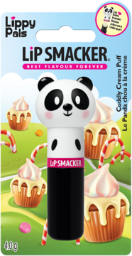 Panda-shaped Lip Smacker Lippy Pals balsam do ust o smaku kremu ptysiowego w blistrze, na tle babeczek.