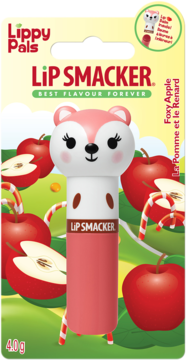 Lip Smacker Lippy Pals Foxy Apple lip balm w uroczym lisim opakowaniu, na tle jabłek i cukierków.