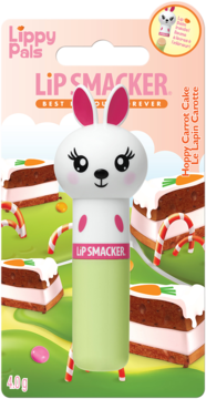 Lip Smacker Lippy Pals Hoppy Carrot Cake lip balm, white bunny applicator in blister pack, front view.