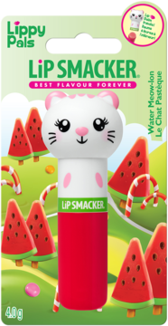 Balsam Lip Smacker Lippy Pals Water Meow-lon, z uroczym kotkiem na białej nakrętce, czerwona baza, w blistrze.