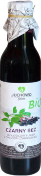 Butelka soku Juchowo Farm Czarny Bez. Biała etykieta z ilustracją bzu i zielonym napisem BIO, widok z przodu.