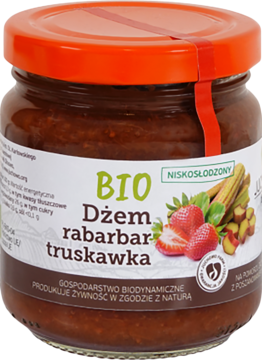 Ekologiczny dżem rabarbar truskawka Juchowo Farm, niskosłodzony, w szklanym słoiku z pomarańczową nakrętką, widok z przodu.