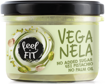 Słoik wegańskiego kremu pistacjowego Feel Fit Veganela, 45% pistacji, bez cukru, z czarną nakrętką, widok z przodu.