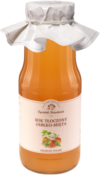 Sok tłoczony jabłko-mięta Ogródek Dziadunia, przezroczysta butelka z bursztynowym płynem i papierową zakrętką.