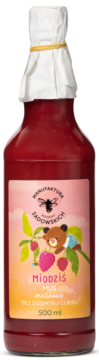 Miodziś mus malinowy 500ml w szklanej butelce, z etykietą misia, malin, napisem 'bez cukru' i białym kapturkiem.