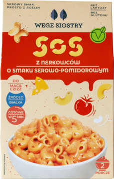 Front czerwono-beżowego opakowania Wege Siostry sosu serowo-pomidorowego z nerkowców, z miską gotowego mac&cheese.