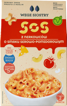 Front czerwono-beżowego opakowania Wege Siostry sosu serowo-pomidorowego z nerkowców, z miską gotowego mac&cheese.
