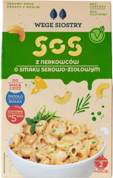 Front opakowania sosu z nerkowców Wege Siostry, serowo-ziołowy. Na zdjęciu makaron w misce. Bez laktozy i glutenu.