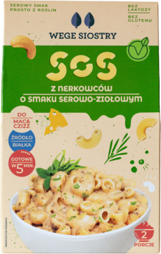 Front opakowania sosu z nerkowców Wege Siostry, serowo-ziołowy. Na zdjęciu makaron w misce. Bez laktozy i glutenu.