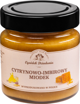 Miód cytrynowo-imbirowy Ogródek Dziadunia w szklanym słoiku z czarnym wieczkiem, widok frontalny.