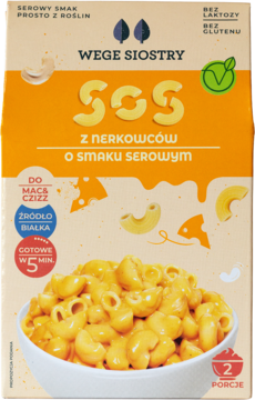 Pomarańczowe pudełko Wege Siostry roślinnego sosu serowego z nerkowców, bez laktozy i glutenu, gotowego dania Mac&Cheese.