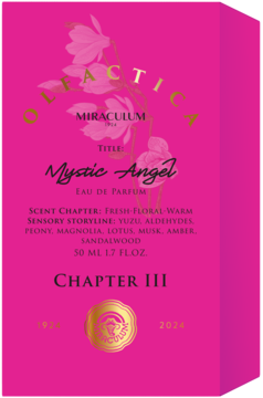Olfactica Mystic Angel, 50 ml woda perfumowana, fuksjowe opakowanie ze złotymi napisami i grafiką kwiatów.