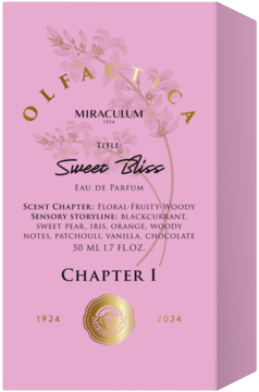 Olfactica Sweet Bliss, damska woda perfumowana. Jasnoróżowe pudełko z złotymi napisami i kwiatowym wzorem, widok z przodu pod kątem.