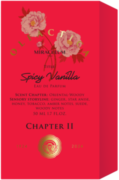Czerwone pudełko perfum Olfactica Spicy Vanilla EDP 50 ml, z piwoniami i złotym logo Miraculum, widok z przodu.