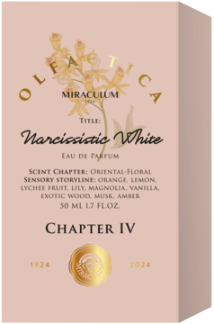 Olfactica Miraculum Narcissistic White Eau de Parfum 50ml, orientalno-kwiatowa, różowe pudełko ze złotym wzorem, przód.