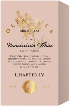 Olfactica Miraculum Narcissistic White Eau de Parfum 50ml, orientalno-kwiatowa, różowe pudełko ze złotym wzorem, przód.