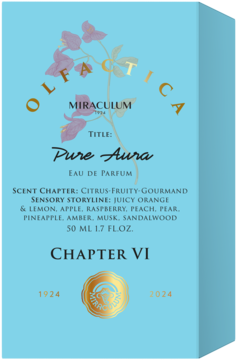 Damska woda perfumowana Olfactica Pure Aura 50ml, błękitne pudełko z owocowym zapachem, widok z kąta.