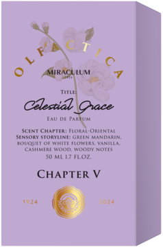 Olfactica Celestial Grace Eau de Parfum 50ml. Widok z przodu i boku jasnoliliowego pudełka z rozdz. V, złote detale.