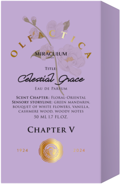 Olfactica Celestial Grace Eau de Parfum 50ml. Widok z przodu i boku jasnoliliowego pudełka z rozdz. V, złote detale.