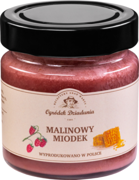 Malinowy Miodek Ogródek Dziadunia w szklanym słoiku, różowy miód, czarna nakrętka, front etykiety z malinami.