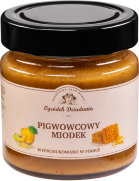 Złoty miód wielokwiatowy pigwowcowy Ogródek Dziadunia w szklanym słoiku. Czarna pokrywka, widok z przodu.