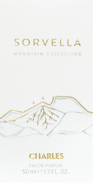 Biały kartonik perfum Sorvella Charles Mountain Collection z grafiką gór i złotymi detalami, widok z przodu.