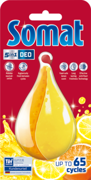 Somat 5in1 DEO odświeżacz do zmywarki, czerwone opakowanie z cytrynową perłą, widok z przodu, do 65 cykli.