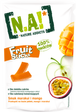 N.A! Fruit Sticks marakuja i mango, 100% owoców, bez cukru. Białe opakowanie z owocami i paskami. Widok z przodu.