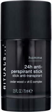 Rituals Homme 24h antyperspirant w sztyfcie, czarny cylinder z napisem 'cedar wood + vit E complex', widok z przodu.