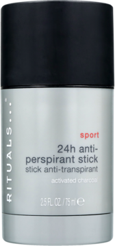 Rituals Sport 24h antyperspirant w sztyfcie z węglem aktywnym, szary z czarną nakrętką, widok z przodu.
