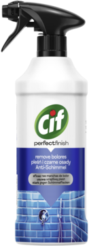 Biała butelka Cif Perfect Finish, spray na pleśń i osady, czarny spust, niebieska etykieta, widok z przodu.