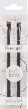 Zestaw dwóch skośnych pędzli Donegal Pro Brow do stylizacji brwi, w przezroczystym opakowaniu z białą etykietą.