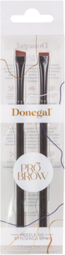 Zestaw dwóch skośnych pędzli Donegal Pro Brow do stylizacji brwi, w przezroczystym opakowaniu z białą etykietą.